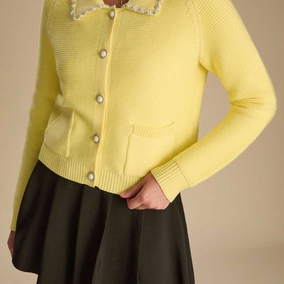 Yellow Elegant Women's Beaded Sequin Cardigan Sweater - Picture 6 of 7